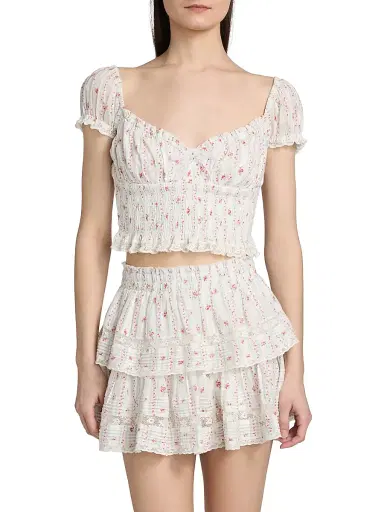 LoveShackFancy Women's Daini Floral Smocked Cotton Crop Top - Poppy Red - Size XL | Thumbnail 3