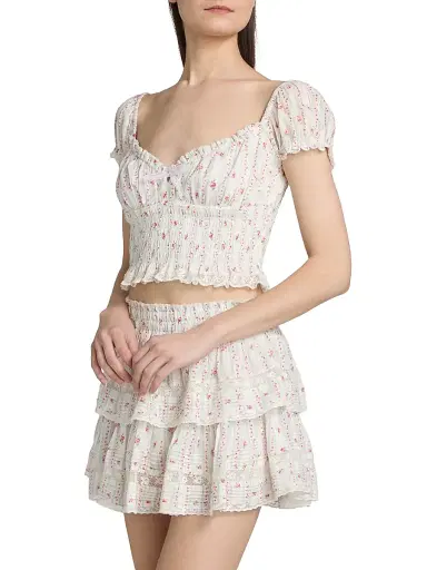 LoveShackFancy Women's Daini Floral Smocked Cotton Crop Top - Poppy Red - Size XL | Thumbnail 4
