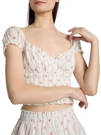 LoveShackFancy Women's Daini Floral Smocked Cotton Crop Top - Poppy Red - Size XL | Thumbnail 6