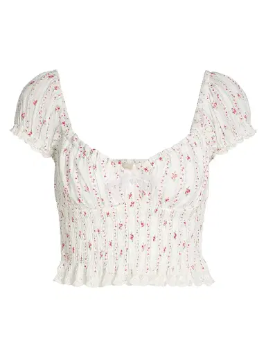 LoveShackFancy Women's Daini Floral Smocked Cotton Crop Top - Poppy Red - Size XL | Thumbnail 1