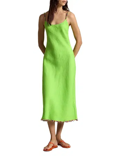 Polo Ralph Lauren Women's Beaded Linen Midi-Slipdress - Riviera Green - Size 8 | Thumbnail 2