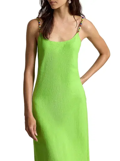 Polo Ralph Lauren Women's Beaded Linen Midi-Slipdress - Riviera Green - Size 8 | Thumbnail 4