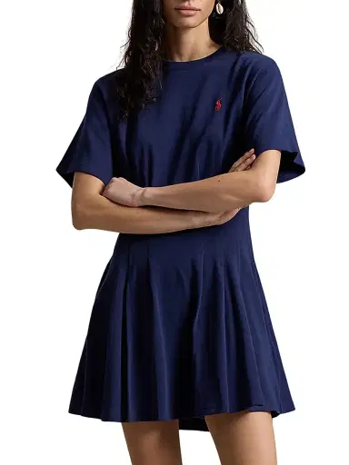 Polo Ralph Lauren Women's Cotton Jersey Pleated Mini T-Shirt Dress - Newport Navy | Thumbnail 2