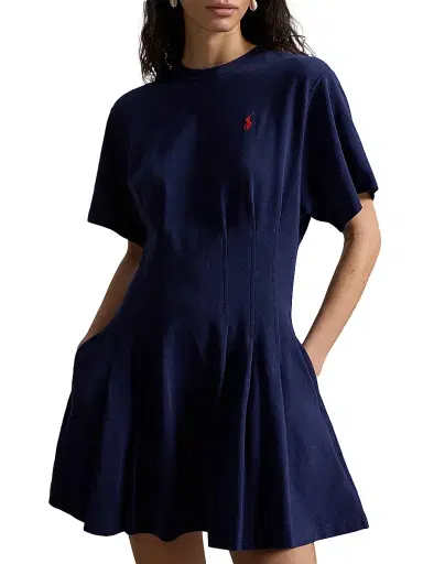 Polo Ralph Lauren Women's Cotton Jersey Pleated Mini T-Shirt Dress - Newport Navy | Thumbnail 4