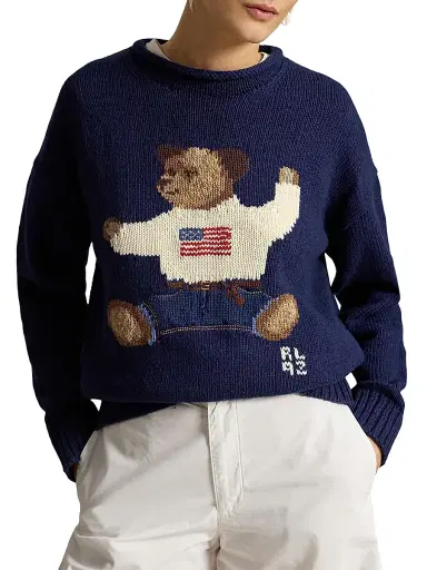Polo Ralph Lauren Women's Polo Bear Cotton-Linen Sweater - Newport Navy Multi | Thumbnail 3
