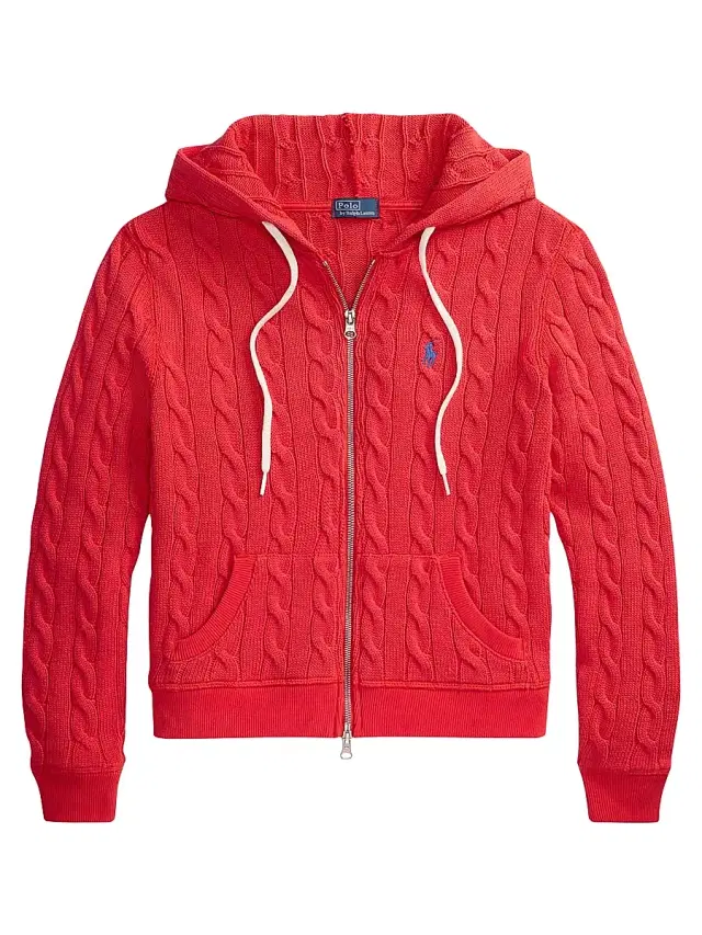 Women's Cable-Knit Cotton Zip-Front Hoodie - Bright Hibiscus