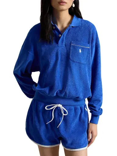 Polo Ralph Lauren Women's Logo Cotton-Blend Terry Long-Sleeve Polo Shirt - Gala Blue | Thumbnail 3