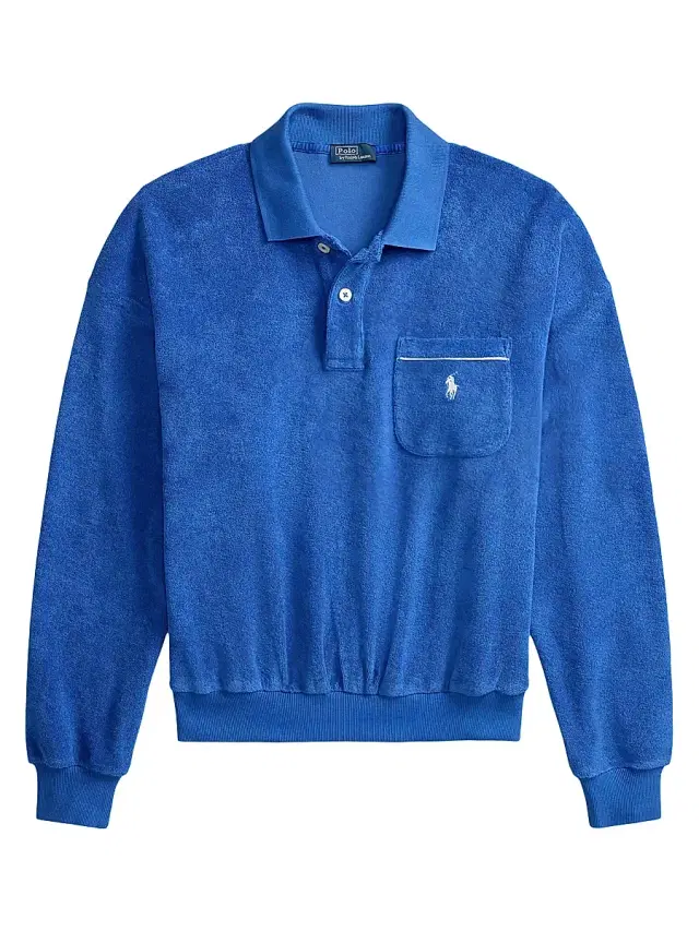 Women's Logo Cotton-Blend Terry Long-Sleeve Polo Shirt - Gala Blue