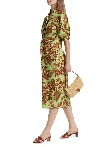 VERANDAH Women's Ammama Bird Print Cotton Shirtdress - Sage Green And Brown Gulmohar - Size Small | Thumbnail 2 VERANDAH Women's Ammama Bird Print Cotton Shirtdress - Sage Green And Brown Gulmohar - Size Small | Thumbnail 2