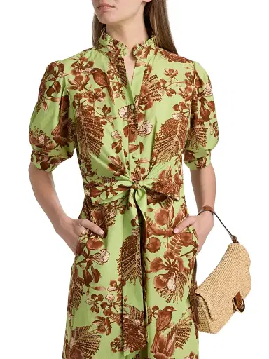 VERANDAH Women's Ammama Bird Print Cotton Shirtdress - Sage Green And Brown Gulmohar - Size Small | Thumbnail 6 VERANDAH Women's Ammama Bird Print Cotton Shirtdress - Sage Green And Brown Gulmohar - Size Small | Thumbnail 6