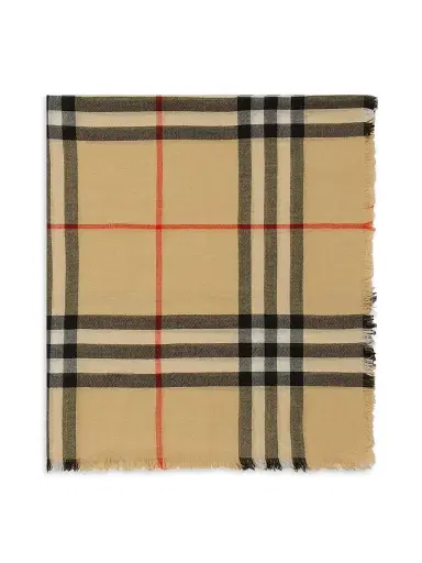 Burberry Women's Fringed Check Wool Scarf - Sand | Thumbnail 4 Burberry Women's Fringed Check Wool Scarf - Sand | Thumbnail 4