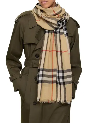 Burberry Women's Fringed Check Wool Scarf - Sand | Thumbnail 1 Burberry Women's Fringed Check Wool Scarf - Sand | Thumbnail 1