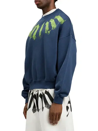 Palm Angels Men's Big Neck Logo Crewneck Sweatshirt - Navy Blue Lime | Thumbnail 4