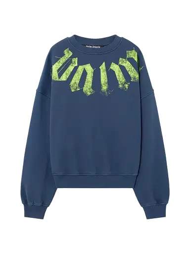 Palm Angels Men's Big Neck Logo Crewneck Sweatshirt - Navy Blue Lime | Thumbnail 1