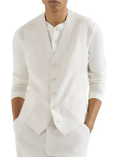 Brunello Cucinelli Men's Linen Micro Chevron Waistcoat - Shell | Thumbnail 2