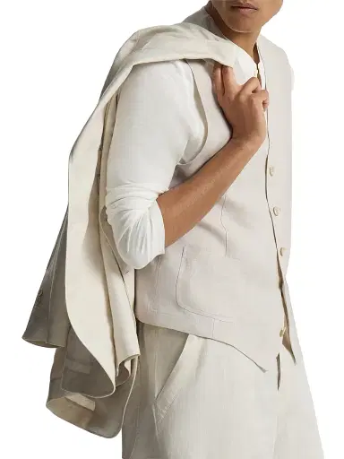 Brunello Cucinelli Men's Linen Micro Chevron Waistcoat - Shell | Thumbnail 3