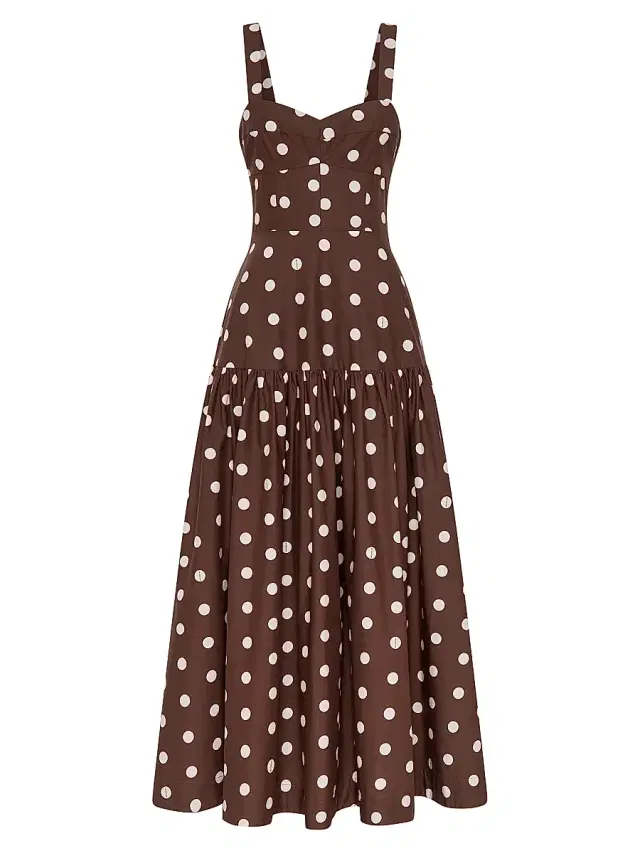 Nicholas the Label Women's Valeria Polka Dot Linen-Blend Drop Waist Midi-Dress - Mocha Polka Dot