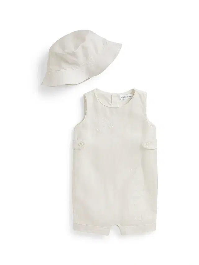 Baby's Linen Shortall & Bucket Hat Set - Antique Cream 9 Months