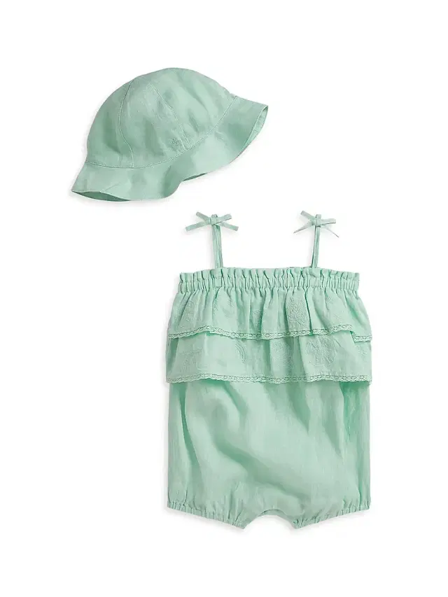 Baby Girl's Embroidered Linen Shortall & Bucket Hat Set - April Green 9 Months