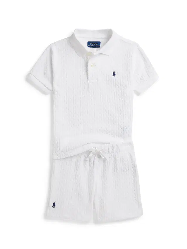Little Girl's & Girl's Cable Terry Polo Shirt & Shorts Set - White