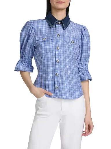 Cinq à Sept Women's Keely Gingham Puff-Sleeve Top - Blue Crush Ultramarine | Thumbnail 3