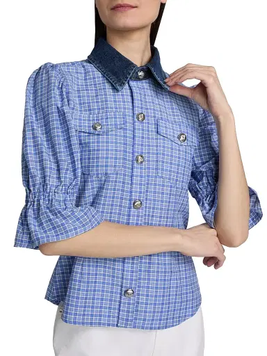 Cinq à Sept Women's Keely Gingham Puff-Sleeve Top - Blue Crush Ultramarine | Thumbnail 6