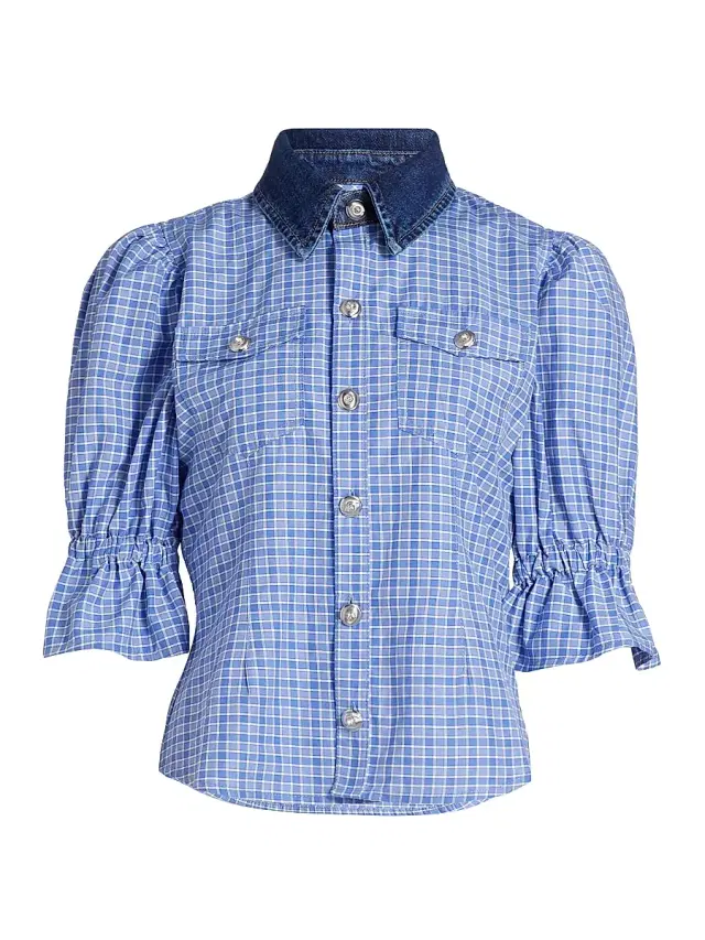 Cinq à Sept Women's Keely Gingham Puff-Sleeve Top - Blue Crush Ultramarine