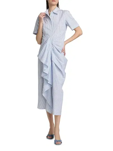 Rosie Assoulin Women's Gathered Ruffle Cotton Poplin Shirtdress - Blue Stripe | Thumbnail 2 Rosie Assoulin Women's Gathered Ruffle Cotton Poplin Shirtdress - Blue Stripe | Thumbnail 2