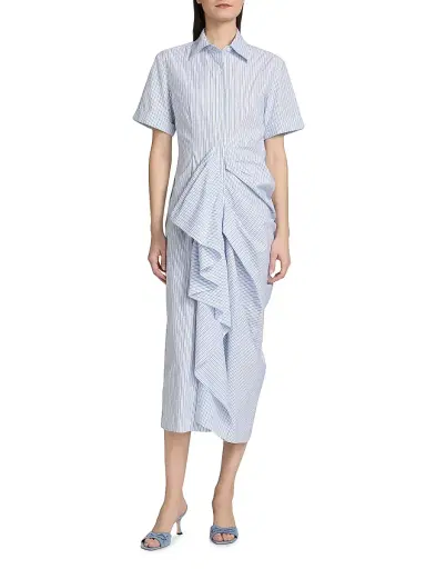 Rosie Assoulin Women's Gathered Ruffle Cotton Poplin Shirtdress - Blue Stripe | Thumbnail 3 Rosie Assoulin Women's Gathered Ruffle Cotton Poplin Shirtdress - Blue Stripe | Thumbnail 3