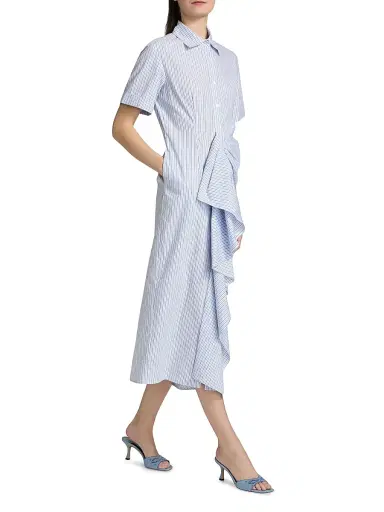 Rosie Assoulin Women's Gathered Ruffle Cotton Poplin Shirtdress - Blue Stripe | Thumbnail 4 Rosie Assoulin Women's Gathered Ruffle Cotton Poplin Shirtdress - Blue Stripe | Thumbnail 4