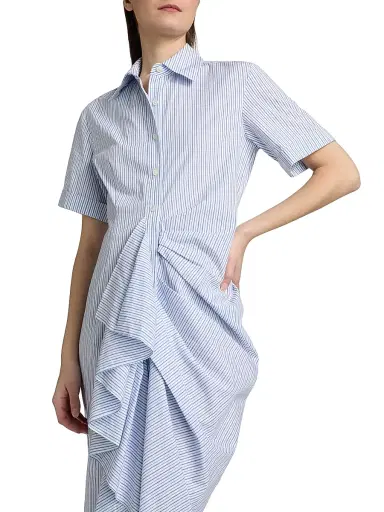 Rosie Assoulin Women's Gathered Ruffle Cotton Poplin Shirtdress - Blue Stripe | Thumbnail 6 Rosie Assoulin Women's Gathered Ruffle Cotton Poplin Shirtdress - Blue Stripe | Thumbnail 6