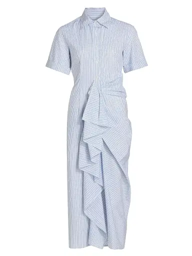 Rosie Assoulin Women's Gathered Ruffle Cotton Poplin Shirtdress - Blue Stripe | Thumbnail 1 Rosie Assoulin Women's Gathered Ruffle Cotton Poplin Shirtdress - Blue Stripe | Thumbnail 1