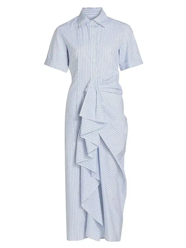 Women's Gathered Ruffle Cotton Poplin Shirtdress - Blue Stripe