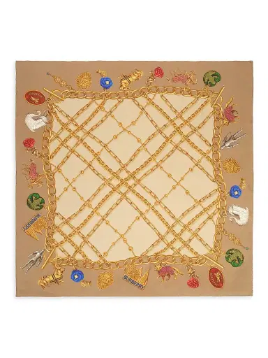Burberry Women's Check Charm Silk Scarf - Finch Beige | Thumbnail 1 Burberry Women's Check Charm Silk Scarf - Finch Beige | Thumbnail 1