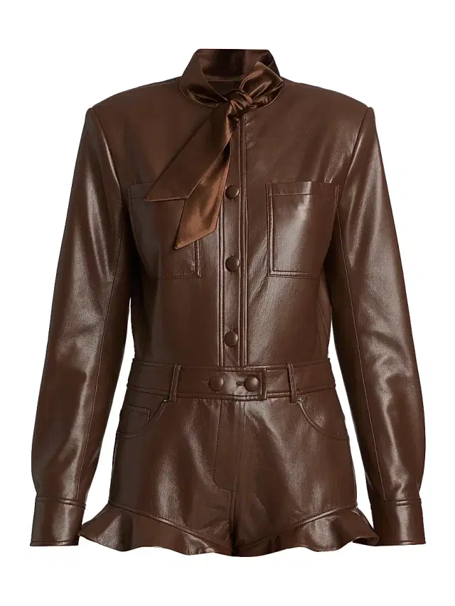 Self-Portrait Women's Faux Leather Ruffle Playsuit - Brown