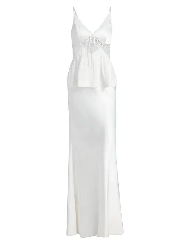 Women's Satin Georgette Lace-Trimmed Maxi Dress - White
