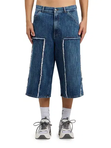 Palm Angels Men's Curved Logo Denim Skater Shorts - Medium Blue | Thumbnail 3