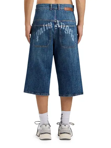 Palm Angels Men's Curved Logo Denim Skater Shorts - Medium Blue | Thumbnail 5