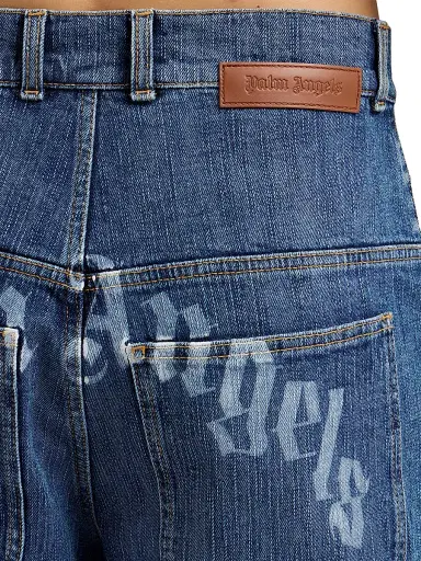 Palm Angels Men's Curved Logo Denim Skater Shorts - Medium Blue | Thumbnail 6