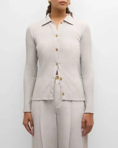 Vince Ribbed Long-Sleeve Button-Front Polo Shirt | Thumbnail 4