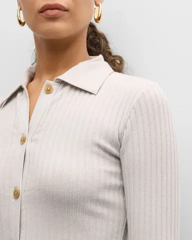 Vince Ribbed Long-Sleeve Button-Front Polo Shirt | Thumbnail 5