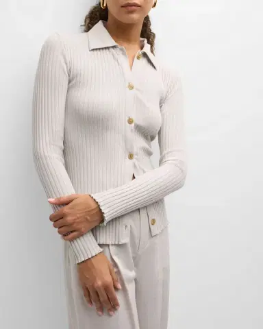 Vince Ribbed Long-Sleeve Button-Front Polo Shirt | Thumbnail 7