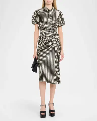 Dice Kayek Puff-Sleeve Ruched Polka-Dot Silk Midi Dress | Thumbnail 2