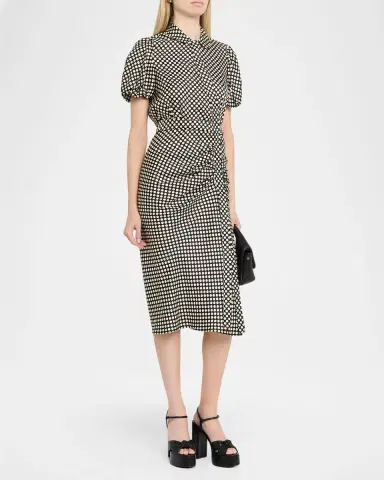 Dice Kayek Puff-Sleeve Ruched Polka-Dot Silk Midi Dress | Thumbnail 4