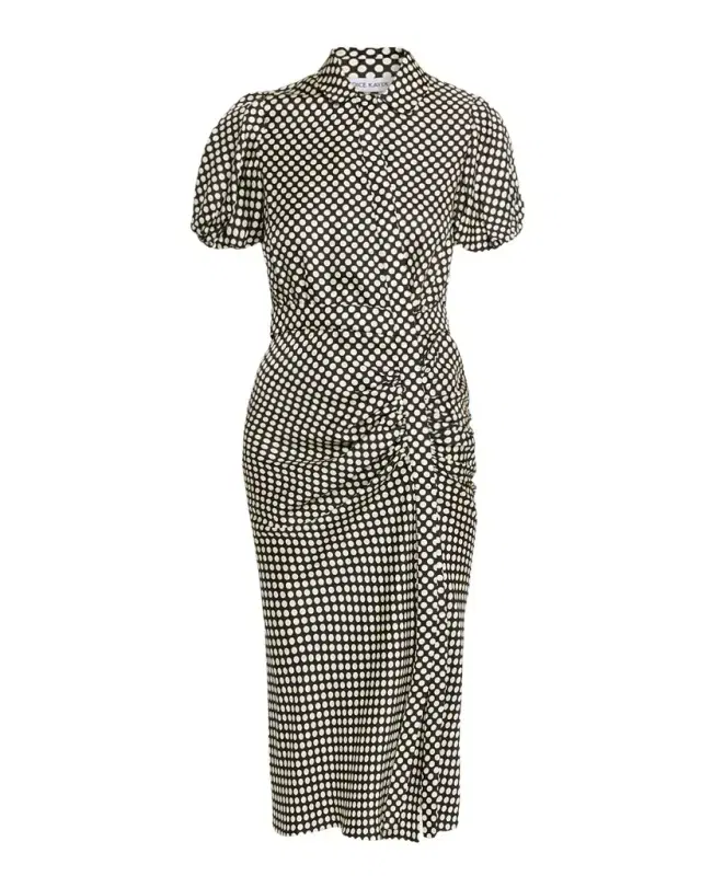 Dice Kayek Puff-Sleeve Ruched Polka-Dot Silk Midi Dress