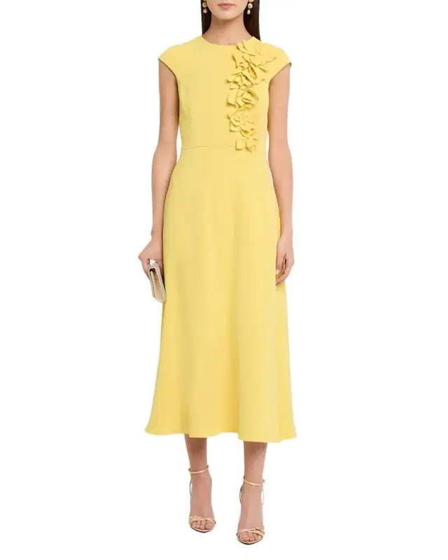 Floral Applique Stretch Crepe Midi Dress