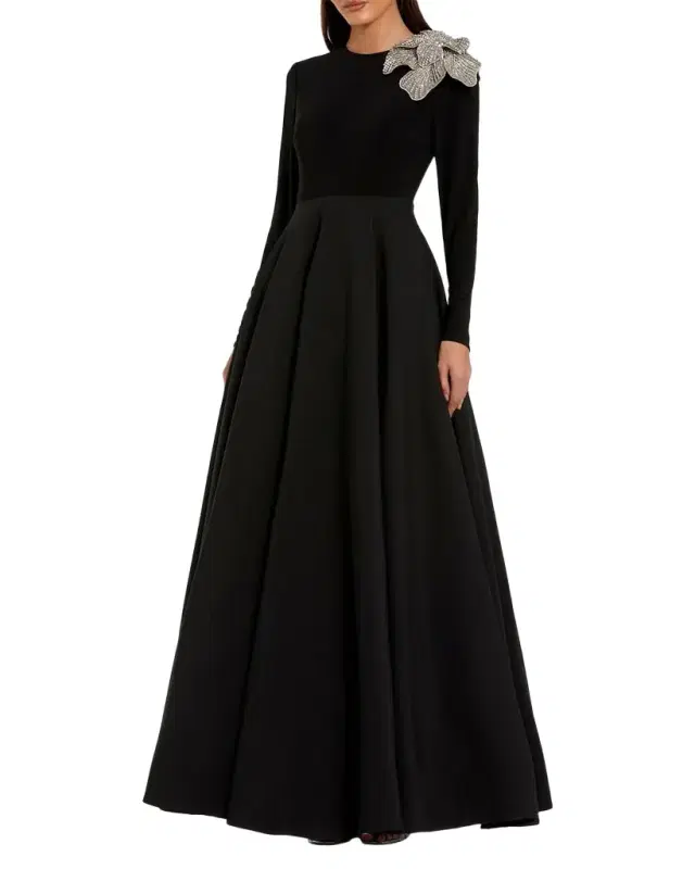 Flower-Embellished Jersey and Taffeta Gown