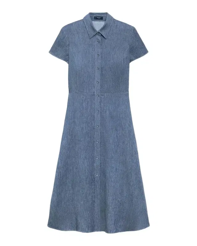 Short-Sleeve Button-Front Linen-Blend Midi Dress
