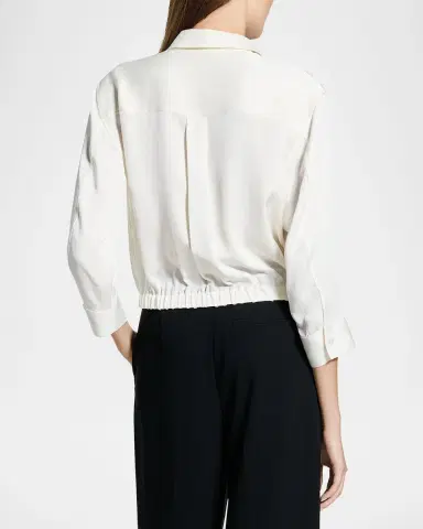 Theory Scrunched-Sleeve Cropped Button-Front Silk Shirt | Thumbnail 3 Theory Scrunched-Sleeve Cropped Button-Front Silk Shirt | Thumbnail 3
