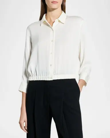 Theory Scrunched-Sleeve Cropped Button-Front Silk Shirt | Thumbnail 4 Theory Scrunched-Sleeve Cropped Button-Front Silk Shirt | Thumbnail 4